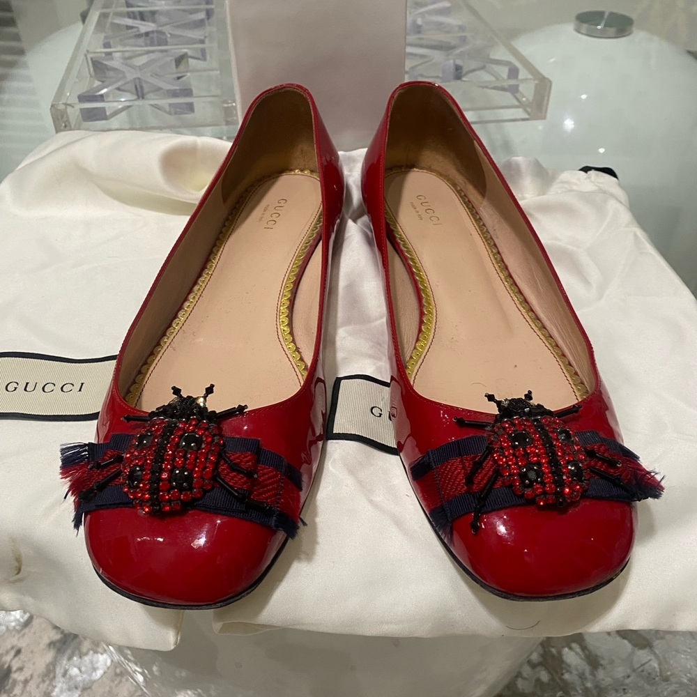 Gucci Women's Red Flats with Ladybug Embellishment
